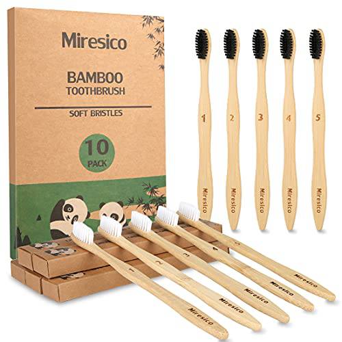 Miresico Bamboo Toothbrushes (10 Piece), BPA Free Toothbrush Medium Soft Bristles Bamboo, Eco-Friendly, Natural, Green Tooth Brushes, Biodegradable, Compostable & Organic Charcoal Wooden Tooth Brush