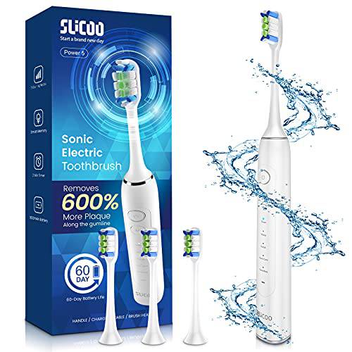 Slicoo Rechargeable Electric Sonic Toothbrush | 38,000 RPM Brushless Motor | 60 Day Using Time | 4 Dupont Brush Heads | 5 Cleaning Modes | 1800mAh Battery, White