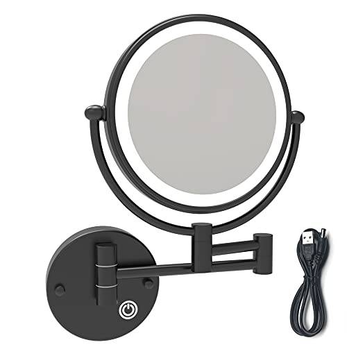 Fixsen 8’’ LED Rechargeable Wall Mount Touch Control Makeup Mirror Two-Sided Magnifying Vanity 12 Inch Extension Matte Black 1X/7X Magnification Plug 360 Degree Rotation Shaving Mirror