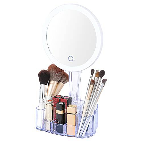 XKWL 3-Color Lighted Makeup Vanity Mirror with Cosmetic Organizer Base, Portable High Definition Lighted Up Mirror with 90° Adjustable Rotation and Touch Sensor Control, Battery Operated