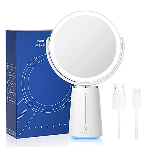 CHICLEW Lighted Makeup Mirror,Rechargeable Vanity Mirror with Lights Magnifying Mirror 10X / 1X,360°Rotatable Dimmable Cosmetic Mirror with Smart Touch Brightness Adjustable(0-1100Lux)