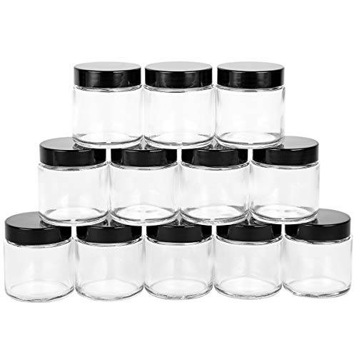4 oz Clear Round Glass Jars with 24 Lids, 12 Empty Cosmetic Containers with Inner Liners and Black Lids & Silver Metal Lids for Slime, Beauty Products, Cosmetic, Lotion, Powders and Ointments