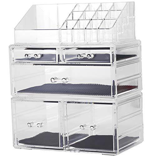Sooyee Makeup Organizer,Acrylic Cosmetic Organizer Storage Drawers Jewelry and Cosmetic Display Cases Box(5 Drawers 7 Tiers)3 Pieces Stackable,Clear