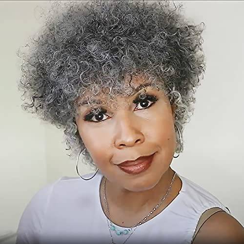 Grey Wig for Women Afro Kinky Curly Human Hair Wig Black Grey Wig Glueless Human Hair Short Grey Wigs 150% Density