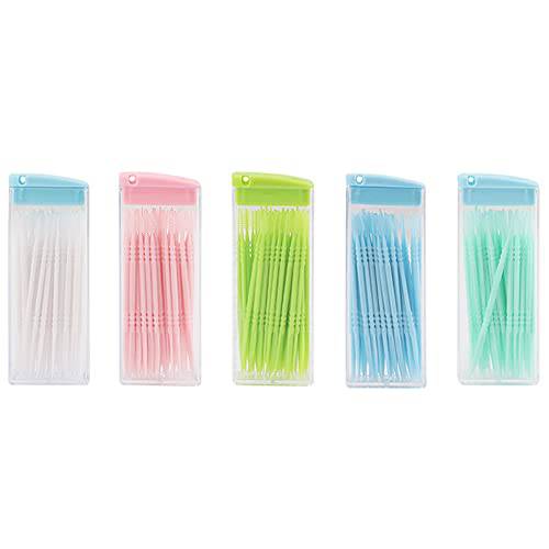 AKOAK 5 Boxes (Approx. 250pcs) Food Grade PP Boxed Double-Headed Portable Plastic Toothpick Cleaning and Nursing Dental Floss Stick Interdental Brush (Random Color)