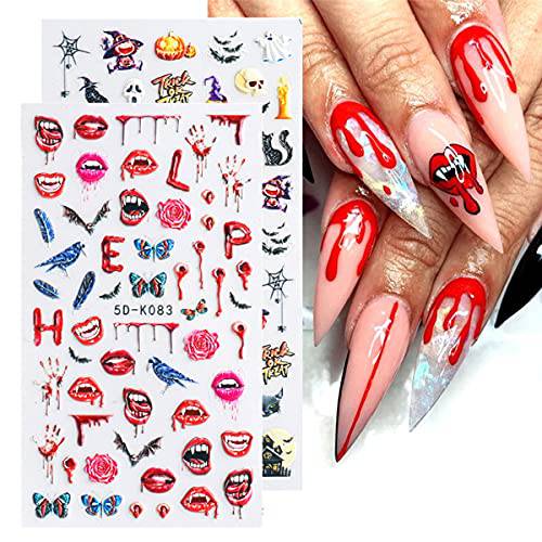 Halloween Nail Art Stickers Decals 5D Stereoscopic Embossed Nail Stickers for Nail Art Bloody Lips Palms Halloween Nail Designs 3D Nail Art Supplies Sliders for Women Girls Acrylic Nails Decorations