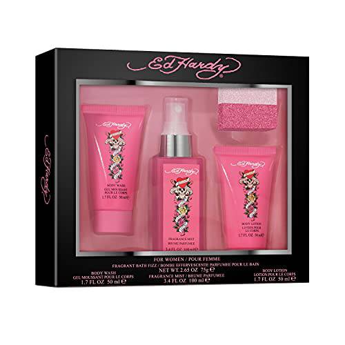 Women’s Perfume Gift Set by Ed Hardy, 4 Pieces Include Fragrance Mist, Body Lotion, Body Wash, and Fragrant Bath Fizz