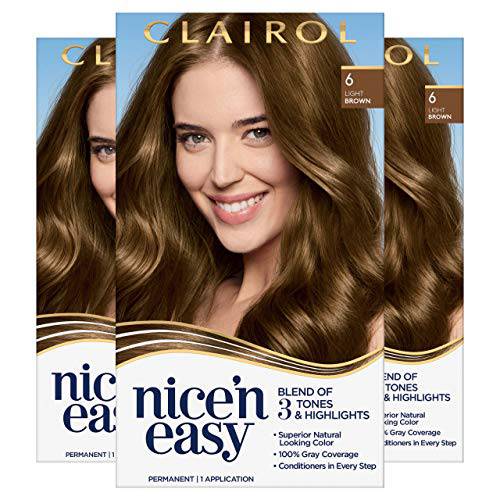 Clairol Nice’n Easy Permanent Hair Dye, 6 Light Brown Hair Color, Pack of 3