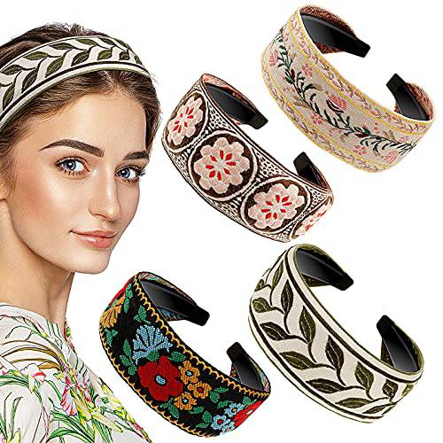 EBOOT 4 Pieces Boho Headband Handmade Embroidery Bohemia Floral Wide Headbands Vintage Ethnic Style Hair Band for Women Girls Hair Accessories (Classic Pattern)