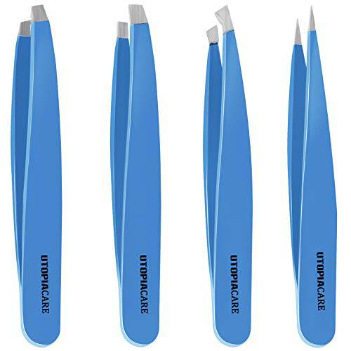 Utopia Care - Professional Stainless Steel Tweezers Set (4-Piece) – Precision Tweezers for Ingrown Hair, Facial Hair, Splinter, Blackhead and Tick Remover (Blue)