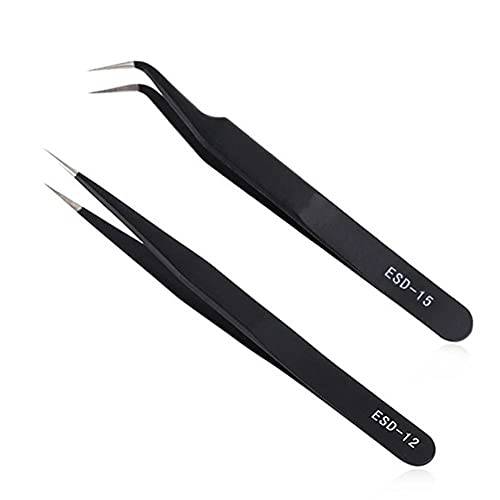 2pcs Straight and Curved Pointed Tweezers for Eyelash Extension - Nail Sticker Rhinestones Gems Picker - Stainless Steel Precision Tweezers
