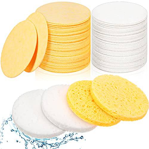 100 Pieces Compressed Facial Sponges 2.5 Inch Natural Cleaning Sponge Cosmetic Makeup Remover Sponges Reusable Facial SPA Massage Sponges for Facial Cleansing Exfoliation Makeup Removal (White, Yellow)