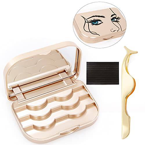 Magnetic False Eyelash Storage Case with Mirror Lash Organizer Holder Box Empty Makeup Cosmetic Travel Case and Eyelash Tweezers 3 Pari Magnetic Strip Lash Container (Gold)