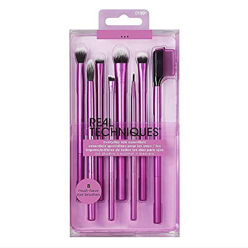 Real Techniques Everyday Eye Essentials Makeup Brush Kit, Eye Makeup Brushes for Eye Liner, Eyeshadow, Brows, & Lashes, Synthetic Bristles, Cruelty-Free & Vegan, 8 Piece Set
