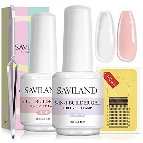 Saviland 100+3PCS Builder Nails Gel-2 Colors*15ml 5 in 1 Nails Builder Extension Gel, Clear&Nudes Hard Gel for Nails, Nail Extension Kit with 100pcs Nail Forms Nail Clips for Professionals & Beginners