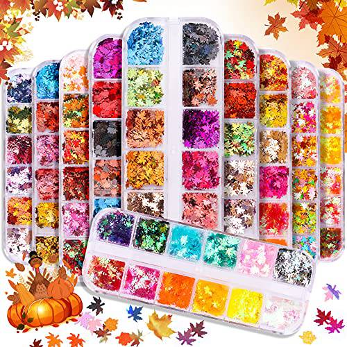 10 Boxes Fall Leaf Nail Art Glitter Maple Leaves Sequins, Kalolary 48 Colors Autumn Leaf Nail Art Sequins 3D Holographic Flake Metallic Laser Maple Leaves Paillettes Designs for Nails Supply
