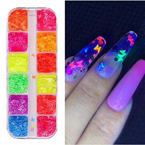 12 Colors Fluorescent Butterfly Nail Art Glitter Sequins Decals Stickers Nail Art Makeup Crafting Nai foil Art for Acrylic Lip Gloss Flowers Paillettes Laser Flake Ultrathin Face Colorful Manicure
