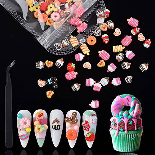 BAIYIYI Candy Decor for Nails Multi Shape Resin Candy Sweet Charms 3D Cute Slime Charms Beads Flatback Dessert Ice Cream Design for DIY Nail Art Craft Accessories with Tweezers(100 Pieces)