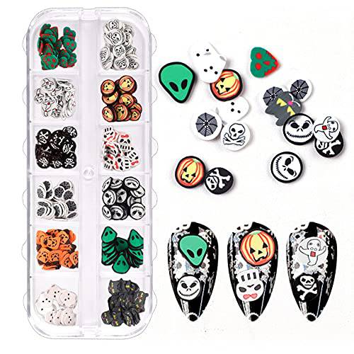 3D Nails Art Halloween Stickers Decals Nail Studs Charm Decoration Pumpkin, Ghost, Skeleton, Spider Web, Ghost 12 Design Nail Glitter Acrylic for Women Halloween Nail DIY Manicure Tips