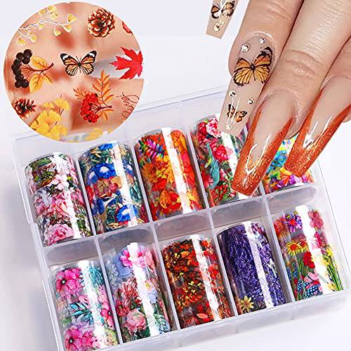 Autumn Nail Art Foil Transfer Stickers,10 Rolls Fall Nail Art Stickers Foil Transfers Decals Holographic Starry Maple Leaf Flower Nail Decals Thanksgiving Day Halloween for Nail Decorations Supplies
