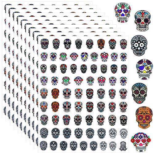 750 Pieces Skull Nail Art Stickers Dia de Los Muertos Mexican Day of The Dead Sticker Halloween Colorful Skull Adhesive Nail Decals Multi-Design Skull Pattern Manicure Stickers for Women Nail Decorati