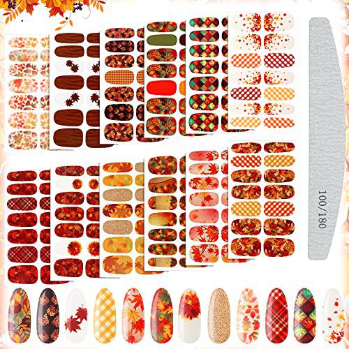 168 Pieces 12 Sheets Fall Nail Stickers Thanksgiving Full Nail Wraps Maple Leaf Nail Polish Strip Self-Adhesive Nail Decal Art with Nail Files for Women Girls