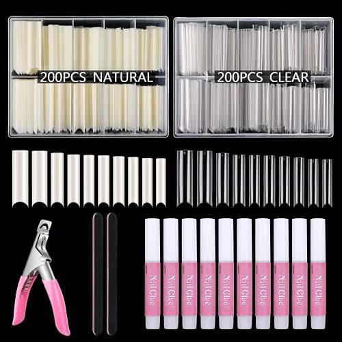 480PCS Extra Long C Curve Nail Tips and Glue, 2 Packs Natural and Clear Acrylic Nail Tips for Acrylic Nails Professional Set, 12 Sizes Artificial XXL Long Straight Square French False Nail Tips