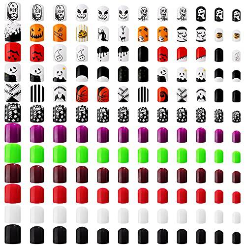 288 Pieces 12 Sets Halloween Fake Nails Short Square False Nails Glossy Acrylic Artificial Nails Solid Color Full Cover Artificial Nail Tips Pumpkin Spider Pattern Fake Nails (Simple Style)