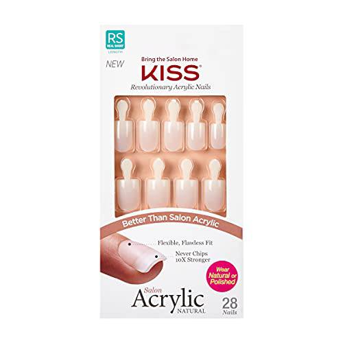 KISS Salon Acrylic Natural Nails, “Brief Encounter”, Real Short, Ultra-Smooth Finish, DIY At-Home Manicure Kit with Pink Gel Nail Glue, Mini File, Manicure Stick, and 28 Nails in 14 sizes