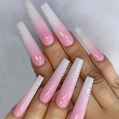 Acedre Coffin Press on Nails French Nude and Pink False Nails Long Fake Nails Full Cover Faux Nails Art for Women and Girls (24 PCS) (A)