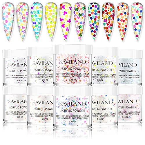 Saviland Acrylic Powder Colors Set - 10 Colors Acrylic Powder for Nails Set with Shiny Sequins Professional Polymer Colored Acrylic Nail Powder Kit for Nails Extension