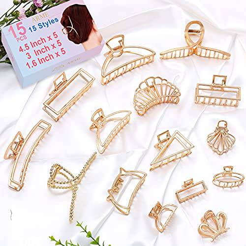 Metal Hair Clips For Women，15Pack Metal Gold Hair Clips With 15 Style Non-Slip Gold Hair Claw Clips for Styling&Thick and Thin Hair ，Strong Easy Pulling Up Your Hair Accessories for Women & Girls（4.5Inch+3Inch+1.6Inch）