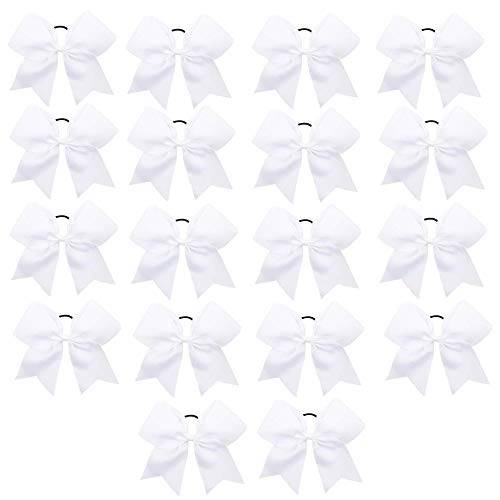 Cheer Bows, Caenagrion 18 PCS 8 Large White Cheer Hair Bows Ponytail Holder Elastic Band Handmade for Cheerleaders Teen Girls College Sports (White)
