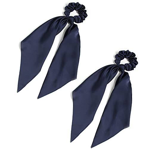 Pack of 2 Knotted Bow Hair Scrunchies Elastic Hair Scarf Black Hair Ties Bands Satin Hair Ribbon Scrunchy Red Ponytail Holder for Women and Girls (Navy blue)