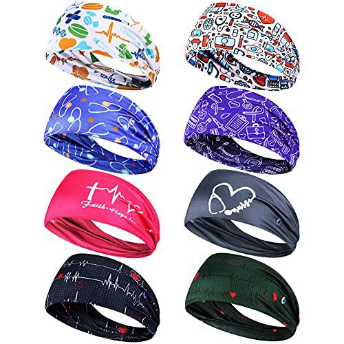 8 Pieces Nursing Headbands with Buttons for Nurses Doctors Women Face Covering Ear Protection Holder Non Slip Elastic Hair Bands Wide Head Wraps for Spa Yoga Sports Workout (Sweet Patterns)