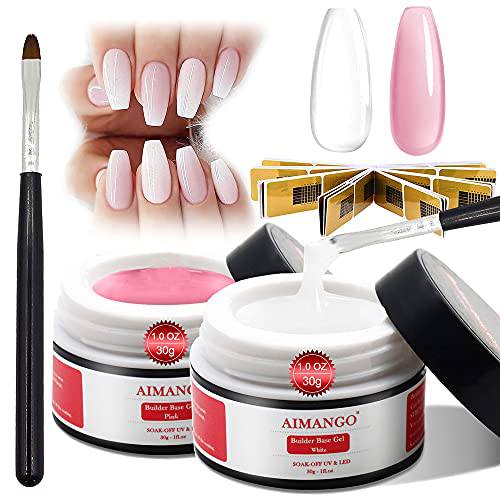 AIMANGO 3 In 1 Pink & Milky White Builder Base Gel Nail Kit, Hard Gel for Nail Strengthen Nail Extension with 40Pcs Nail Forms and Acrylic Nail Brush for Nail Art Salon DIY Starter Kit Gift for Beginners