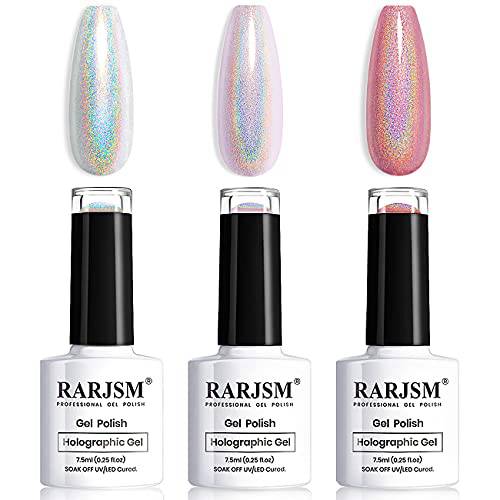 Holographic Nail Polish Set 3PCS Rose Gold Silver Red Gel Polish Kit Soak off Nail Gel with Glitter Mermaid Unicorn Effect Curing Required for Nail Art Design Manicure Salon DIY at Home
