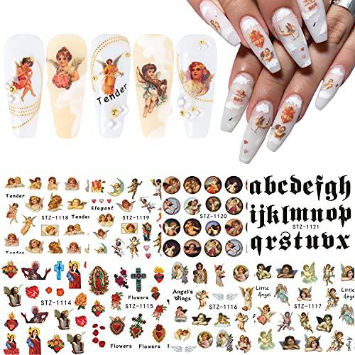 8 Sheets Angel Nail Art Stickers Cupid Nail Decals Water Transfer Design Angel Eros Designer Nail Stickers for Women Girls Cute Nail Decoration DIY Manicure Tips
