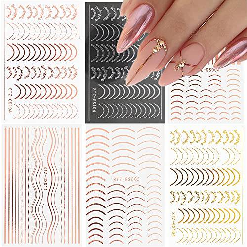 Nail Stickers Line Nail Art Stickers Metal Line Nail Decals Rose Gold Nail Art Supplies 3D Self-Adhesive Nail Stickers Curve Strip French Tips Lines Nail Designs Nail Art Decoration Foils for Women