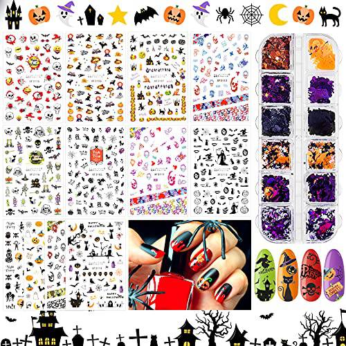 12 Sheets Halloween Nail Art Sticker with Halloween Holographic Nail Art Glitter Flakes 3D Self-Adhesive DIY Nail Sticker Stencil Decorations