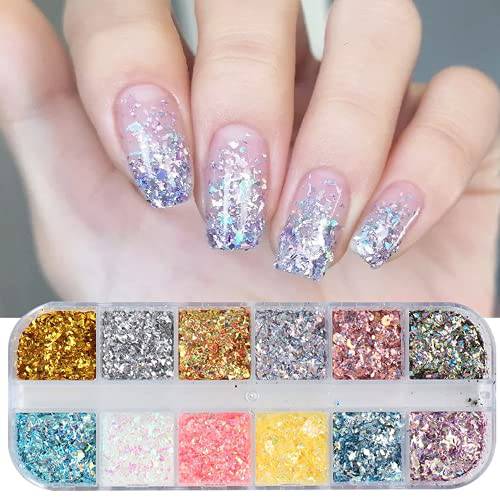 Nail foil Flakes,Holographic Nail Art Supplies,12 Grids Colorful Nail Foil Glitters Sparkles Gold Confetti Silver Irregular Nail Pigment Decorations Kit Summer Effect Nail Powders