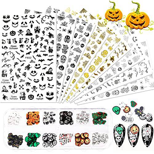 9 Sheets Halloween Nail Art Stickers, Rhdun 3D Self-Adhesive Pumpkin Skull Witch Bat Ghost Spider Nail Decals & Nail Slices for Women Girls DIY Manicure Tips Decor with Box