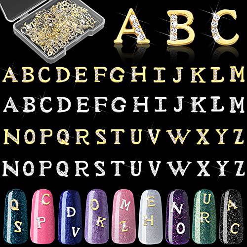 52 Pieces Letters Nail Stud Stickers Alloy Rhinestone Letter Charms 3D Capital Letters Nail Studs Alphabet Nail Charms English Nail Decoration for Women Girls Nail Accessories Home Salon, Gold, Silver