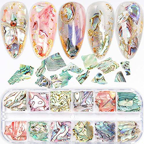 Abalone Seashell Slices, 3D Nail Art Glitter Sequins Irregular Thin Flakes Nail Design Shell Slices Decoration UV Gel Shiny Accessories Mermaid DIY Acrylic Nails Supplies for Women Girls(12 Grids)