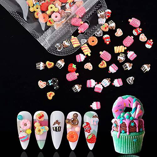 WEILUSI 100 Pcs Candy Resin Nail Art 3D Flatback Multi Shapes Resin Sugar Sweet Candy Cake Donuts Icecream Slime Charms for DIY Nail Art Makeup Face Decor Crafts