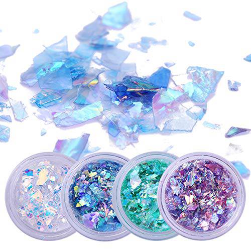 Holographic Mermaid Nail Art Sequins Chunky Glitter Colorful Fluorescent Glass Paper Iridescent Flakes Sticker 3D Acrylic Paillette Manicure Decoration Accessories 4 Boxes
