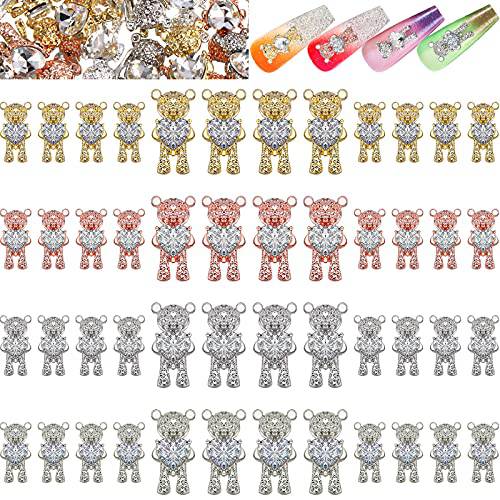 60 Pieces Bear Nail Charms 3D Crystal Bear Shaped Nail Decorations Shiny Glitter Nail Rhinestones Alloy Cute Bear Nail Art Accessories with Heart for DIY Crafts Manicuring Ornament Home Salon Use