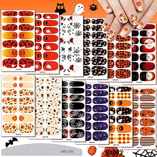 12 Sheets Halloween Nail Polish Stickers Full Wrap Strips, TOROKOM Halloween Nail Art Stickers Decal Strips Self-Adhesive Nail Full Wraps Stickers with Pumpkins Skulls Spiders Ghosts,with Nail File
