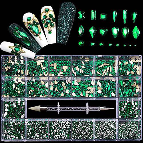 3100Pcs Nail Crystal Rhinestones Kit, Mix Shapes AB Glass, 3D Diamonds Flatback Crystals, with a Drill Pen, Nail Crystal Non Hotfix, Nail Art Decoration (Green)