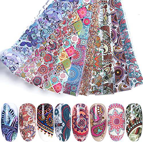 TBRZTR Nail Foil Transfer Stickers Decals Holographic Colorful Geometry Flowers Nail Art Design Nail Film Nails Supplies Set for Women Acrylic Fingernail with Toenails Manicure Decoration (10 Sheets)